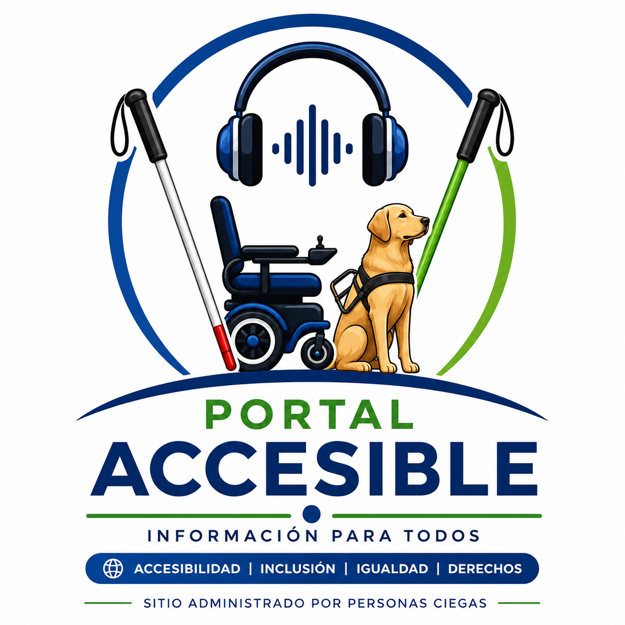 Logo de Portal Accesible con audífonos, perro guía, bastón blanco, bastón verde y silla de ruedas eléctrica
